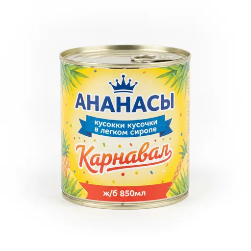 Ананасы кусочки в легком сиропе "Карнавал" ж/б 850мл